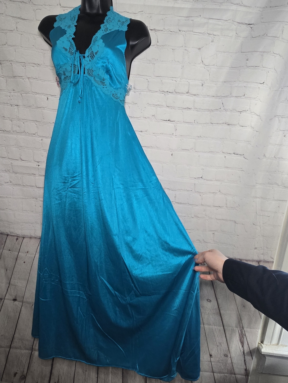 Vtg 70s Teal High Collar Empire Full Sweep Nightgown All Nylon LLace  sz S USA
